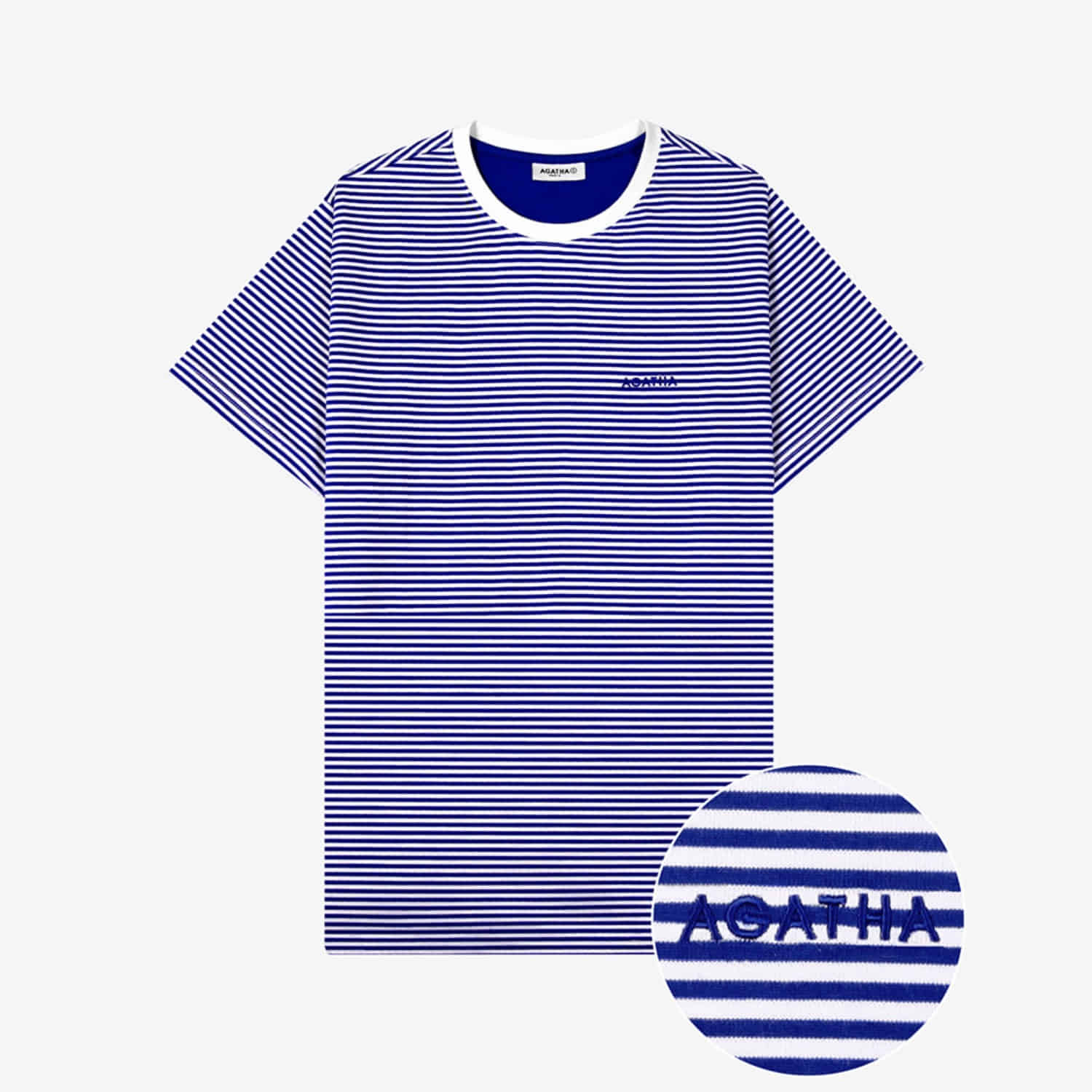 유니섹스 스트라이프 자수 반팔 티셔츠 White/Blue
